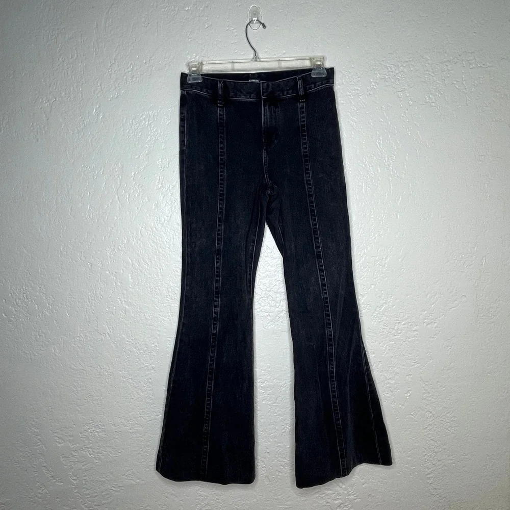 Express 70s Flare Mid Rise Washed Black Denim Jeans 4R 007151638